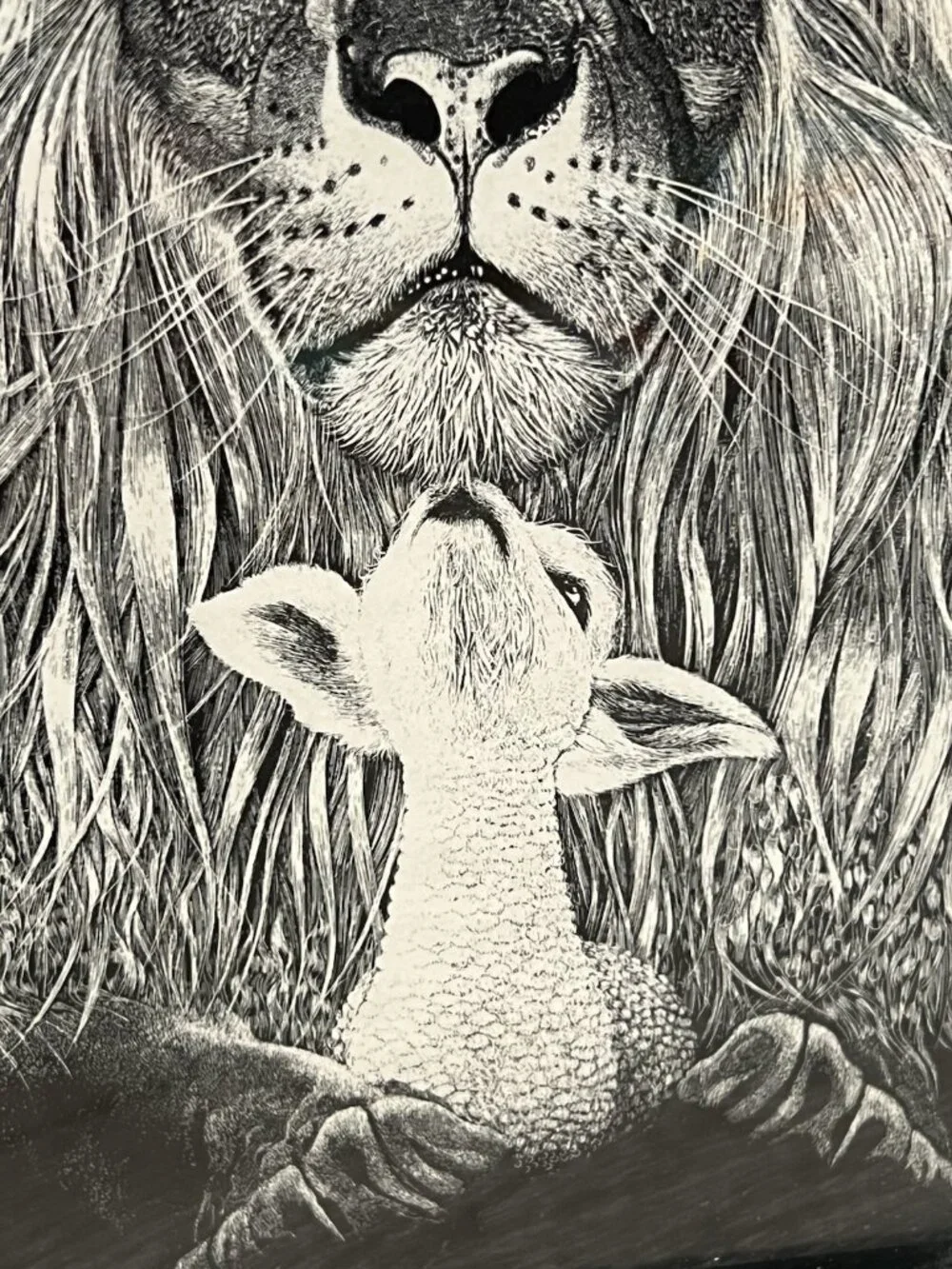 Lion & Lamb Print from Etching Campbell 1978   Framed AGI Gifts USA 5” X 7”